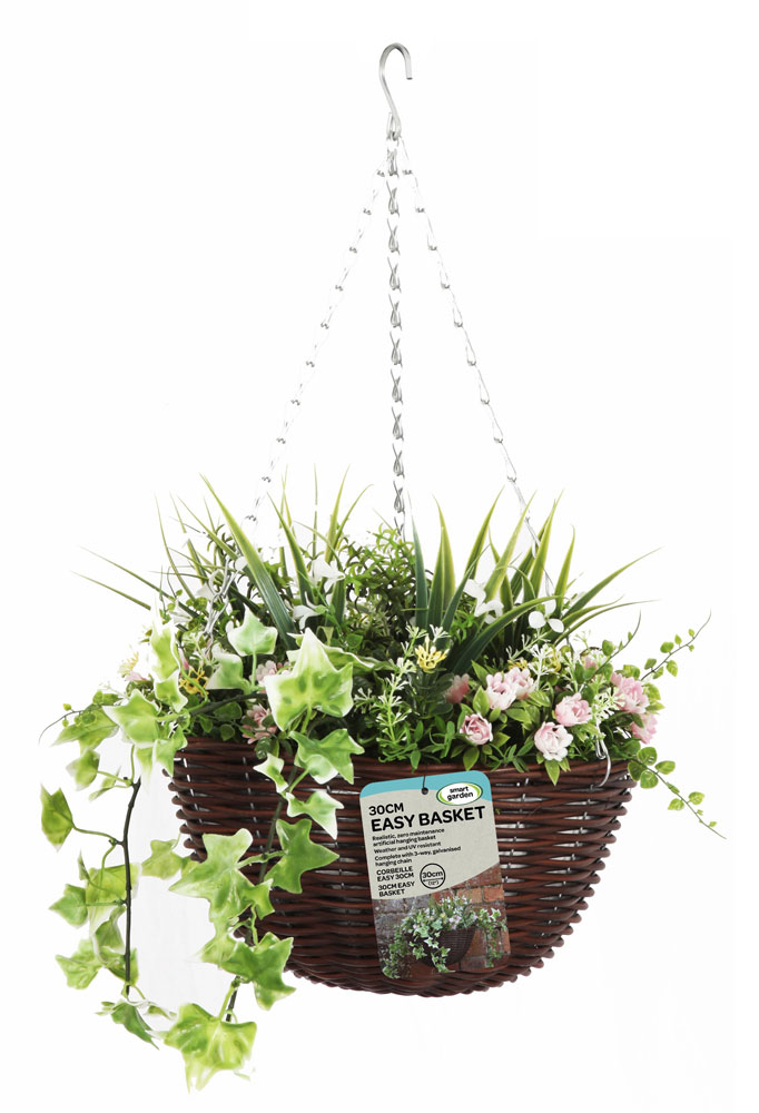 Pink & White Artificial Hanging Basket & Flowers