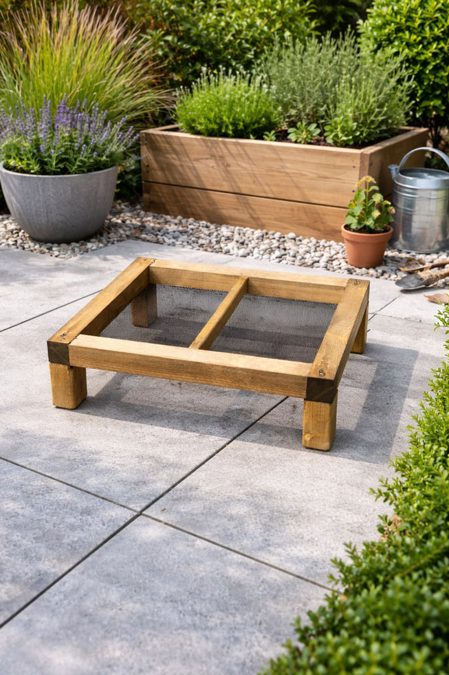 Wooden Ground Bird Feeder with Fine-Grid Tray