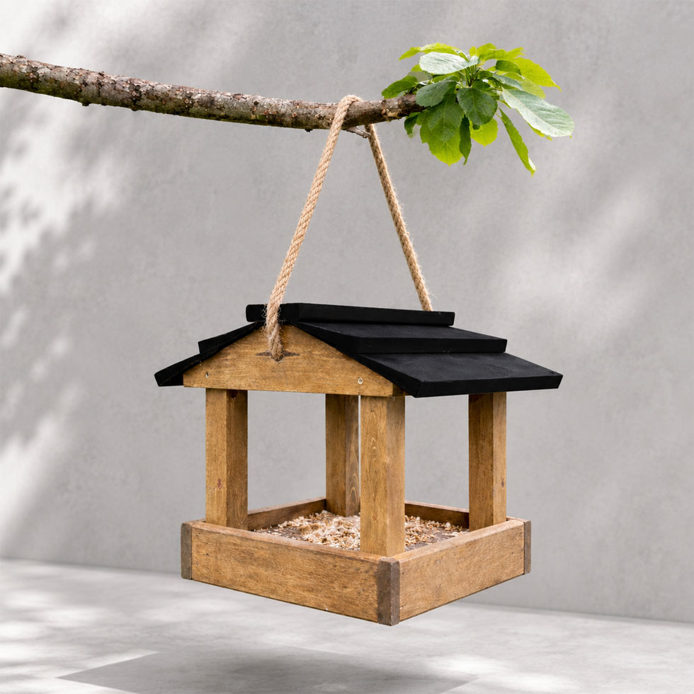 Hanging Wooden Bird Feeding Table Protective Black Roof Garden Bird Feeder