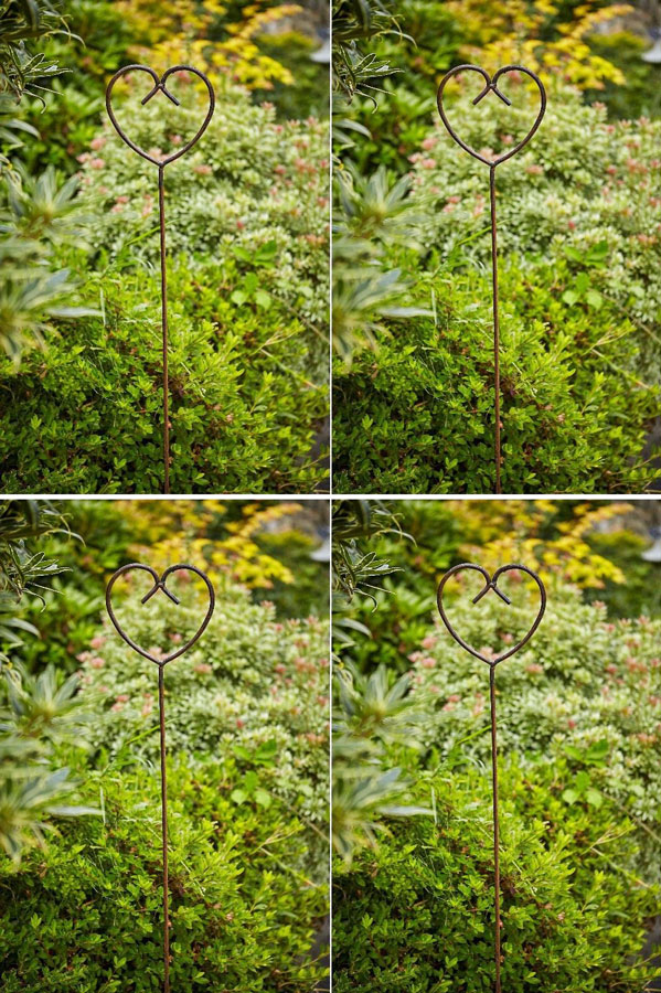 Set of 4 x 120cm Natural Rust Metal Heart Design Flower Plant Support Stakes