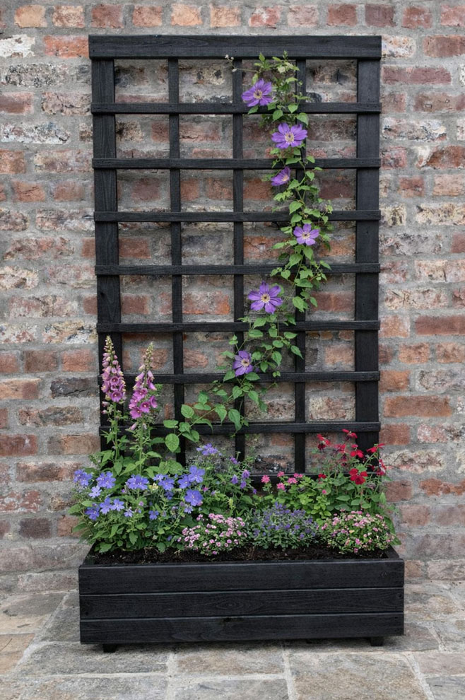 Black Wooden Garden Planter Box Tall Roses & Vines Trellis