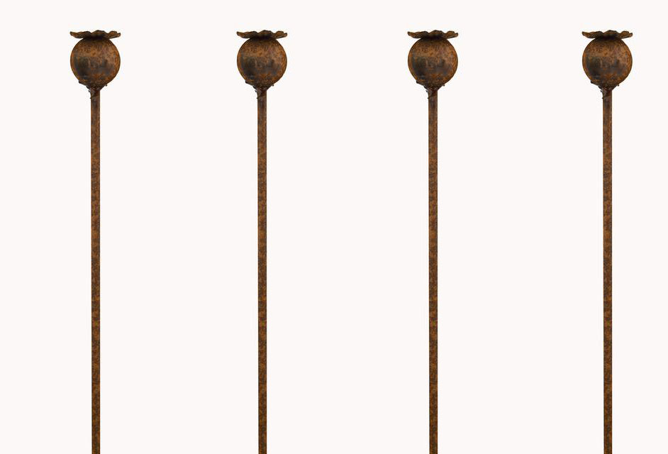 Set of 4 x 120cm Natural Rust Metal Poppy Design Flower Plant Support Stakes