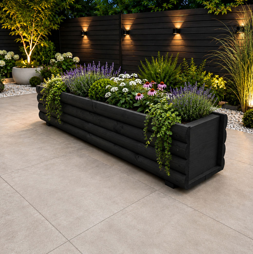 Black Rustic Log Style Wooden Trough Planter Long Heavy Duty Garden Planter 130cm