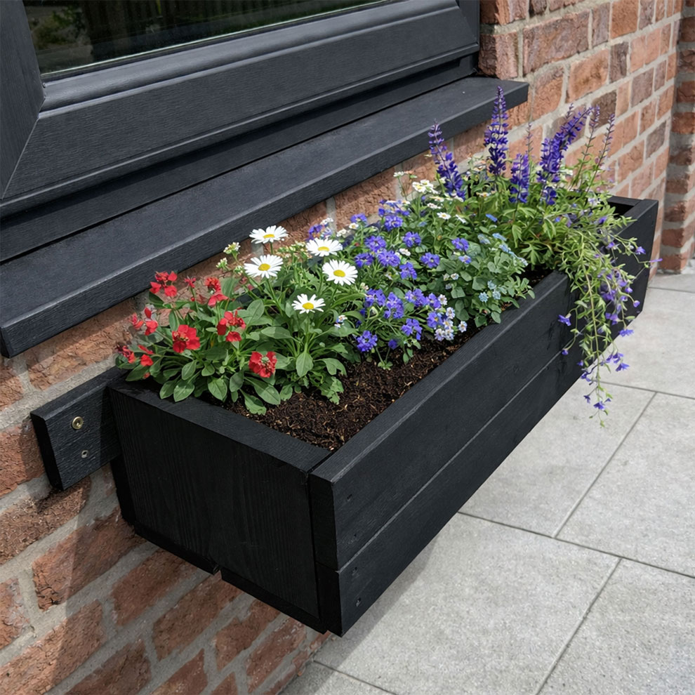 Heavy Duty Wooden Window Box Planter Wall Mounted Black 