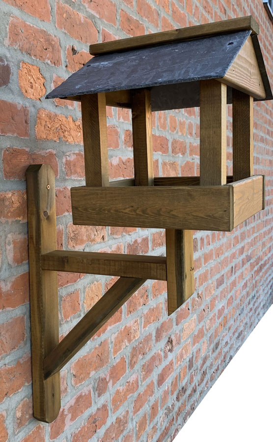 Wall Mounted Wooden Bird Table with Slate Roof
