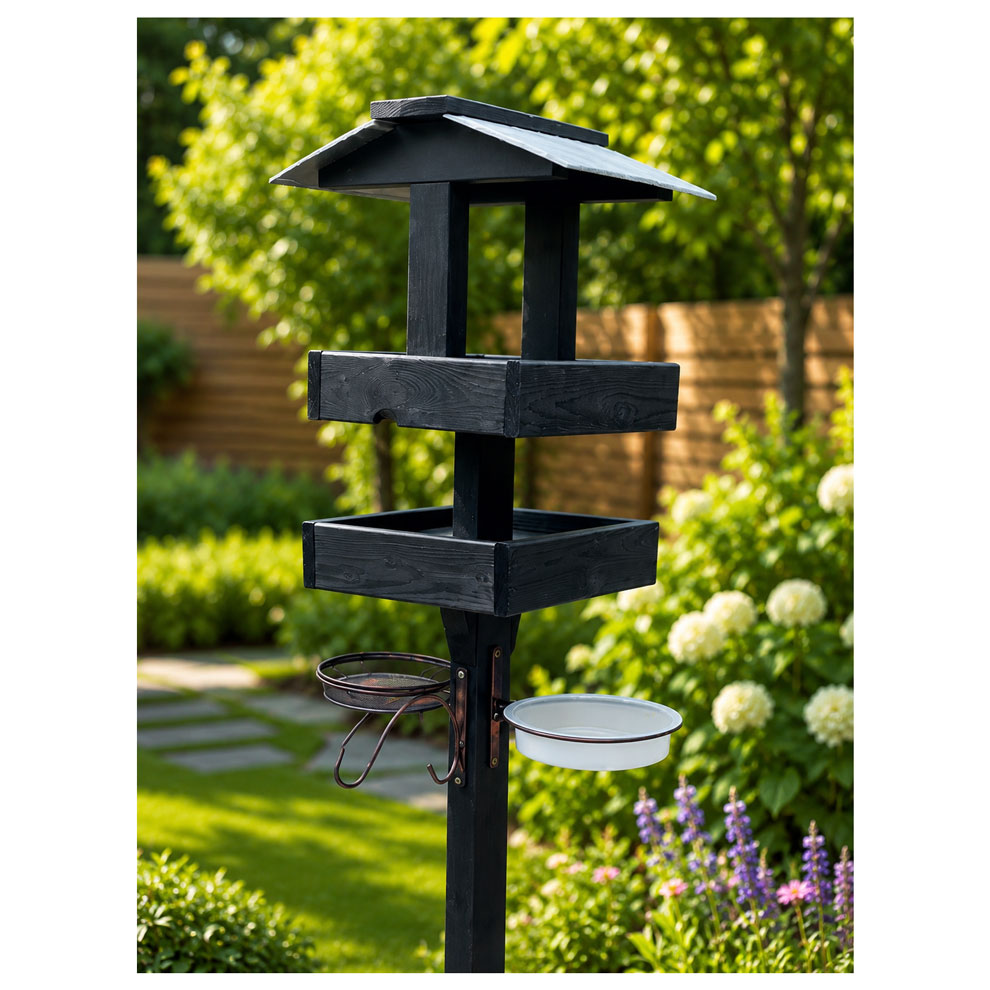 Black Real Slate Roofed Wooden Dual Bird Tables Feeding Station feeder