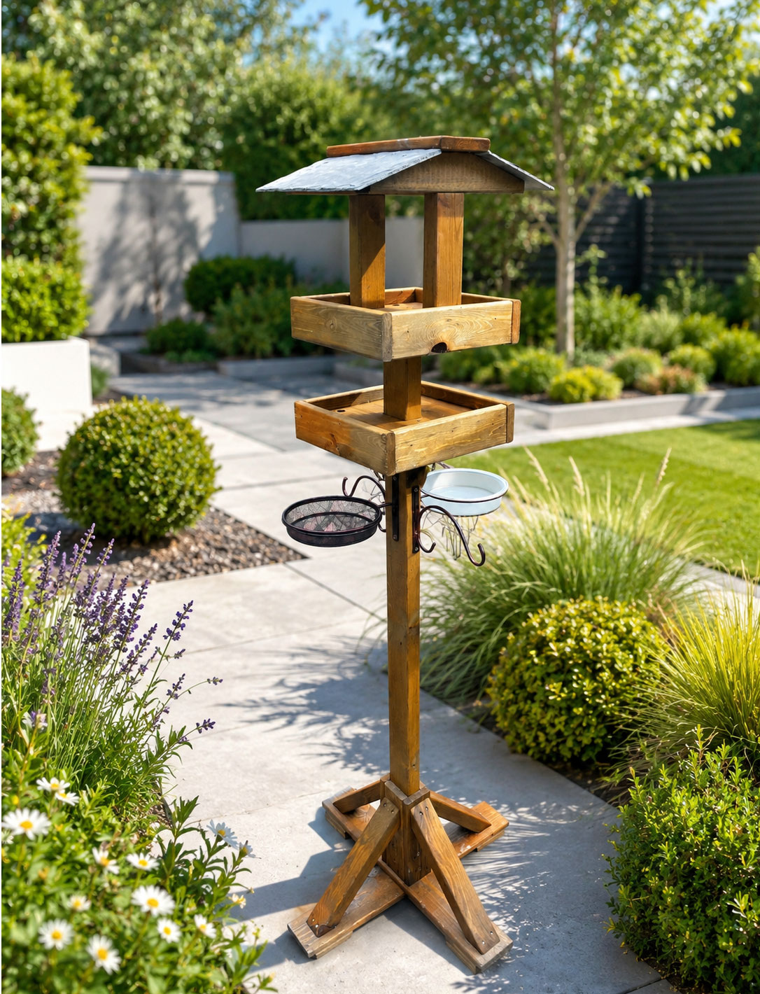 Slate Roofed Wooden Dual Bird Tables and Feeding Stations